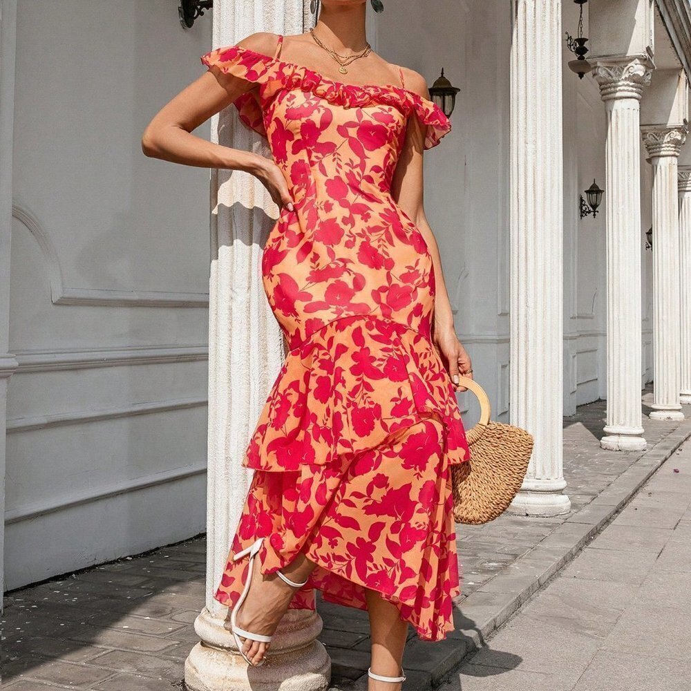 Multicolor BohoWomen's Floral Print Off-Shoulder Neckline Ruffle Trim Cami Dress - Picture 4 of 5